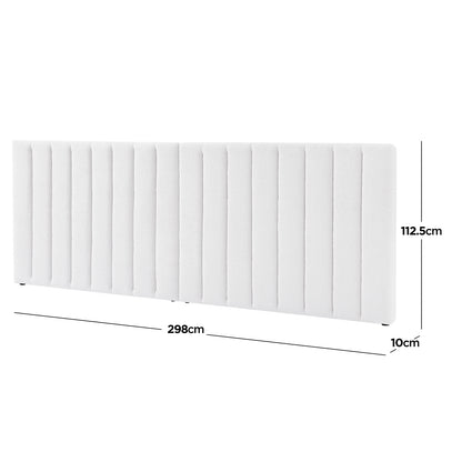 Aquila & Fabia Bed Package - Cream White King features an extra-wide, vertically channel-stitched headboard in soft boucle fabric, measuring 298 cm wide and 112.5 cm tall, ideal for luxury bedrooms.