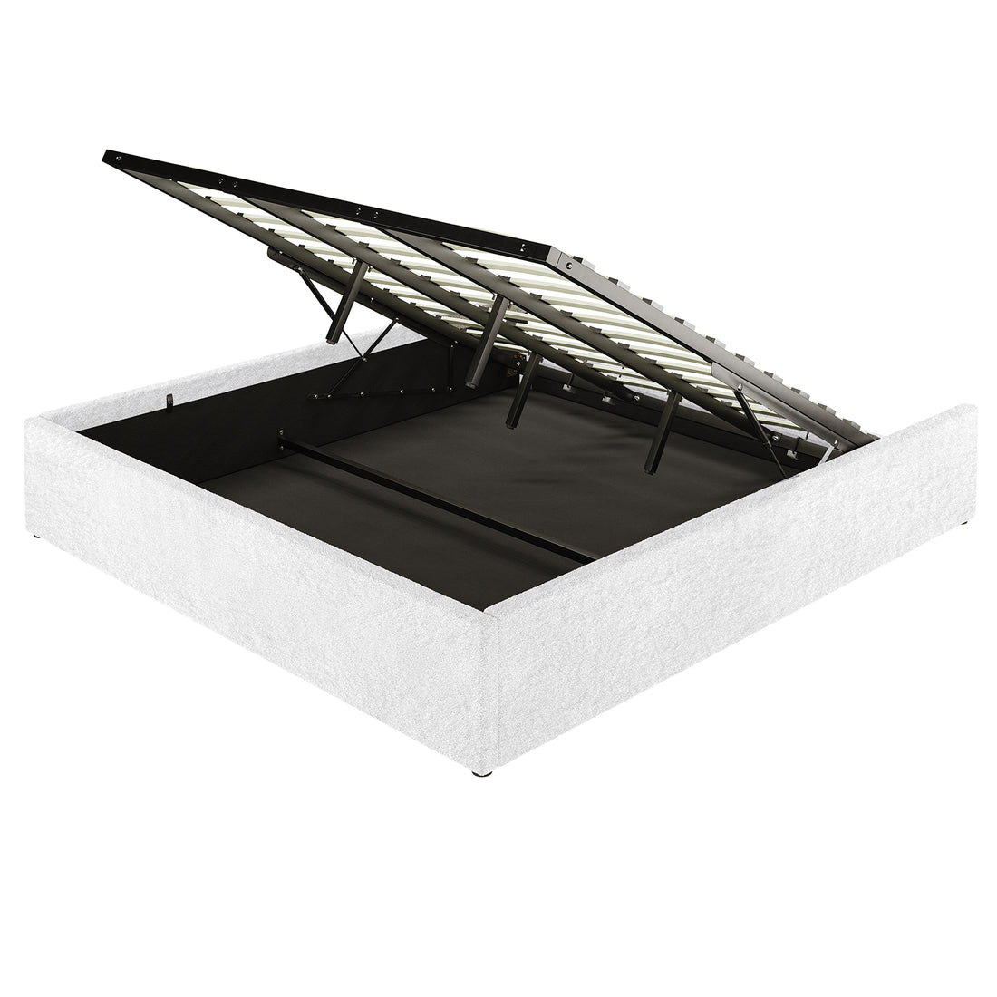 Aquila & Fabia Bed Package - Cream White King shows an upholstered bed frame with a propped open slatted mattress platform on hydraulic lifts, revealing a spacious under-bed storage compartment.