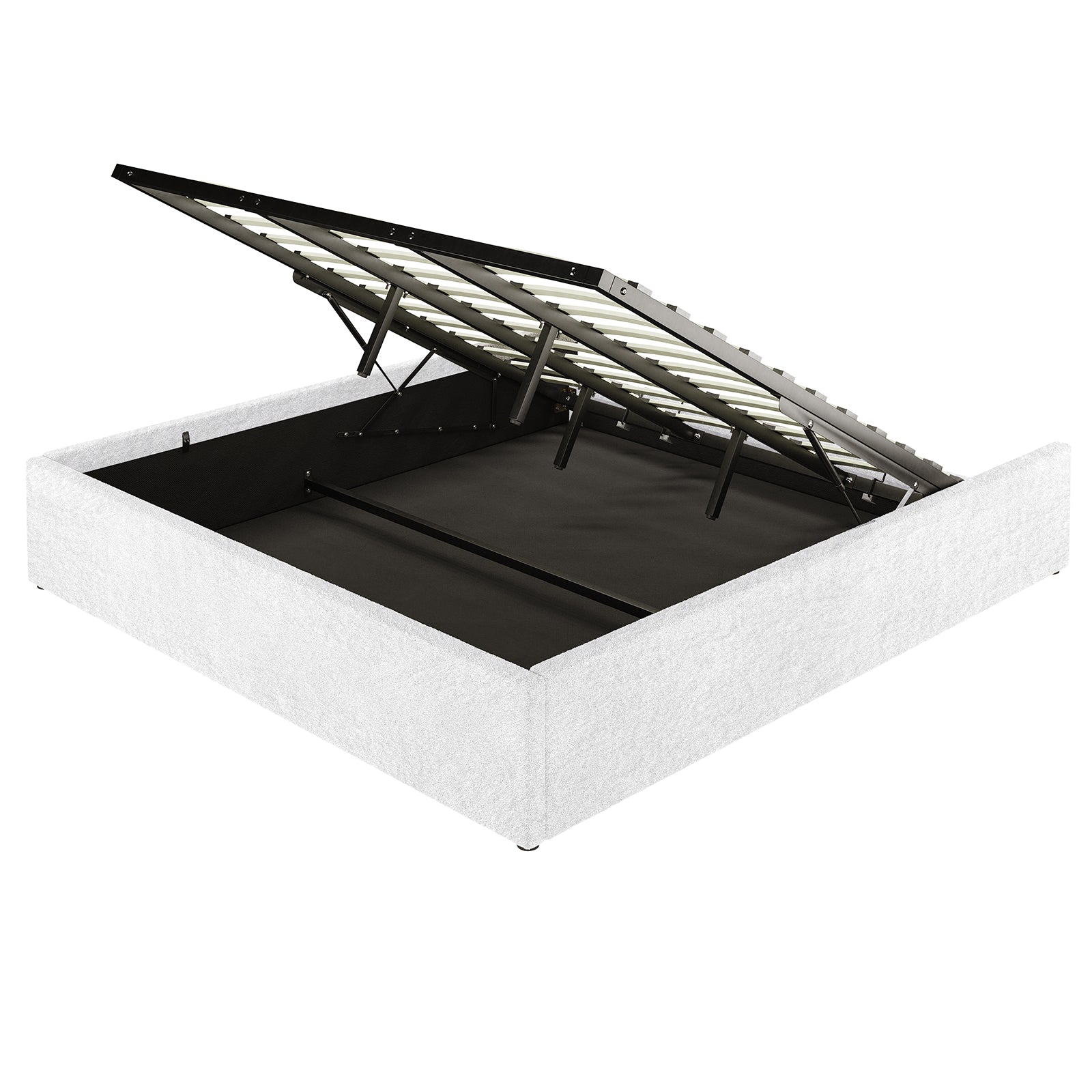 Aquila & Fabia Bed Package - Cream White King shows an upholstered bed frame with a propped open slatted mattress platform on hydraulic lifts, revealing a spacious under-bed storage compartment.