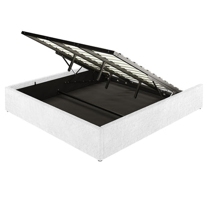 Aquila & Fabia Bed Package - Cream White King shows an upholstered bed frame with a propped open slatted mattress platform on hydraulic lifts, revealing a spacious under-bed storage compartment.