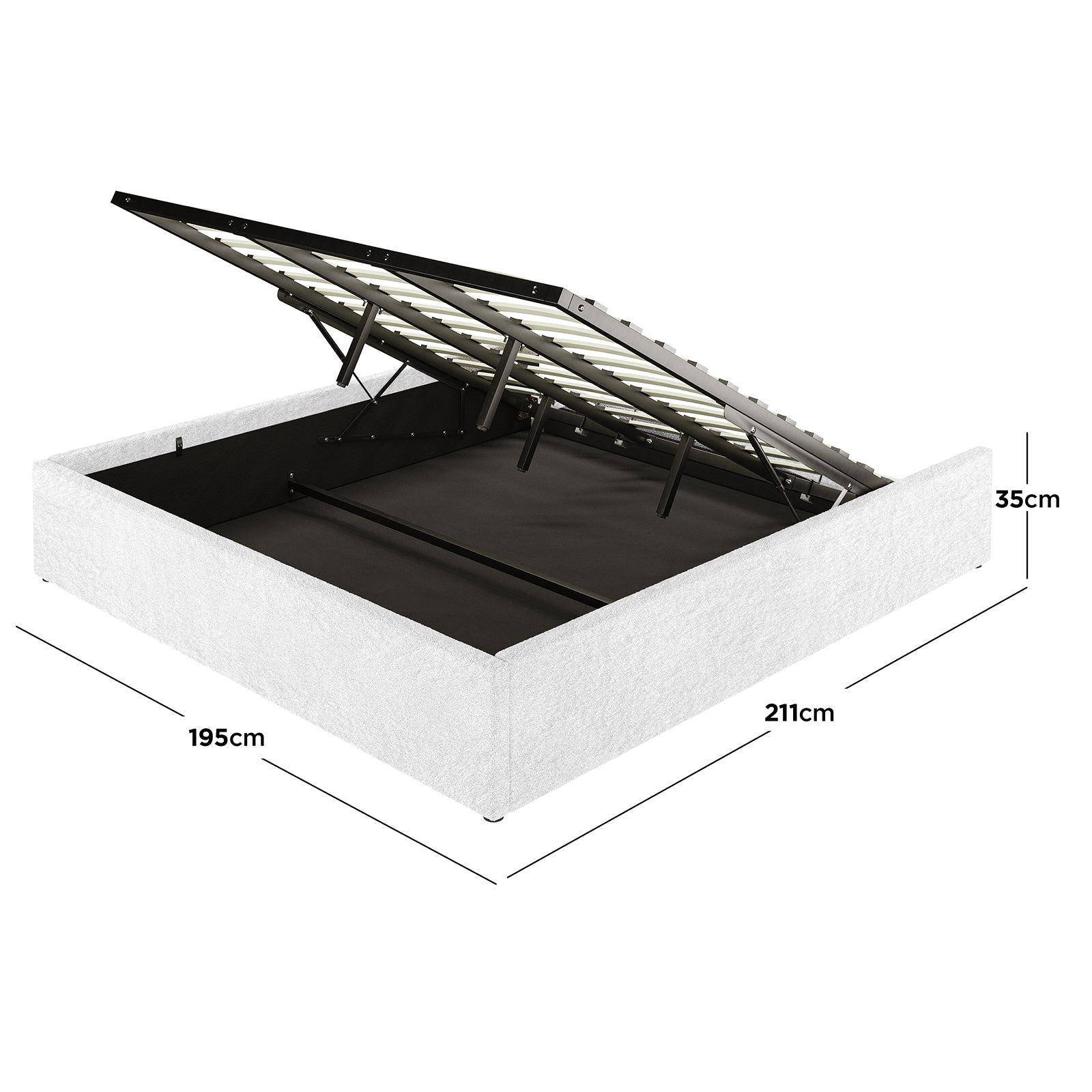 Aquila & Fabia Bed Package - Cream White King: Upholstered ottoman bed base with lift-up slatted metal frame on gas struts, revealing under-bed storage, measuring 195 cm wide × 211 cm long.