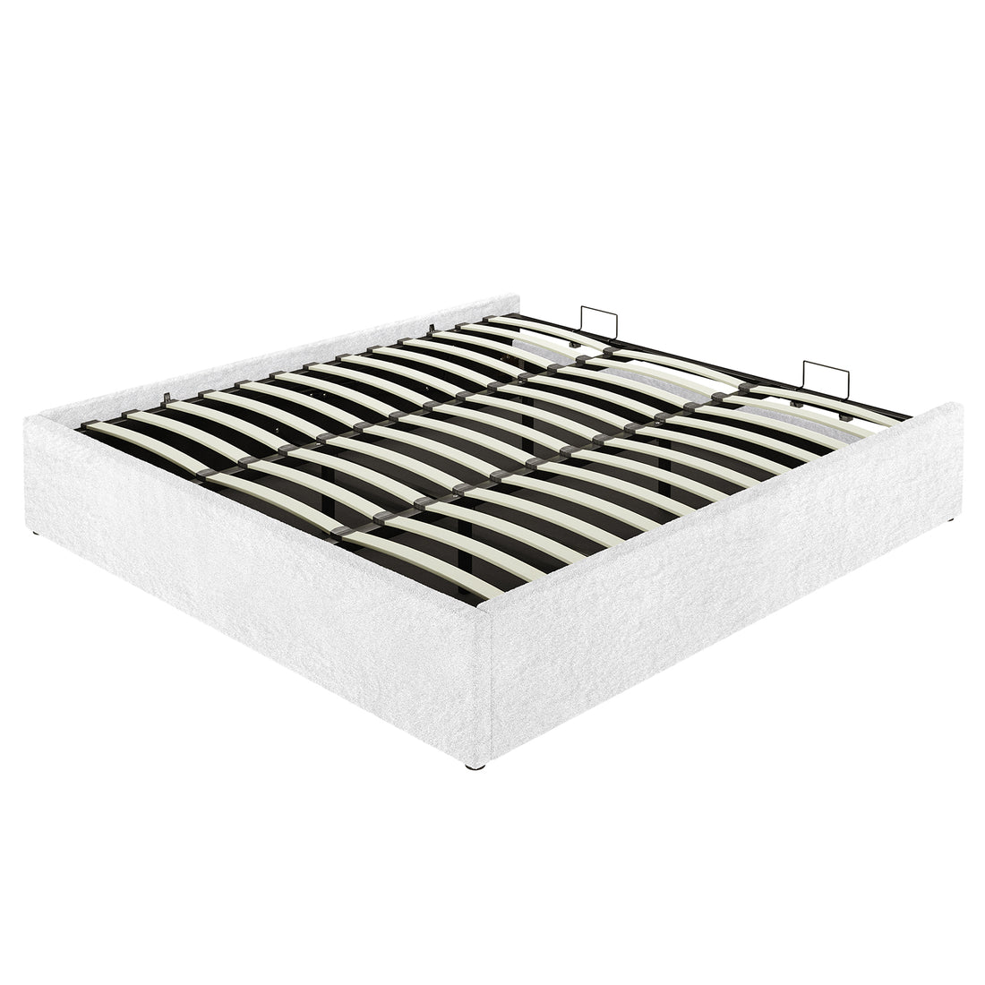 Aquila & Fabia Bed Package - Cream White King features a low-profile, upholstered platform bed frame with open slatted support, wrapped in textured white fabric, showcasing a sturdy black metal framework.