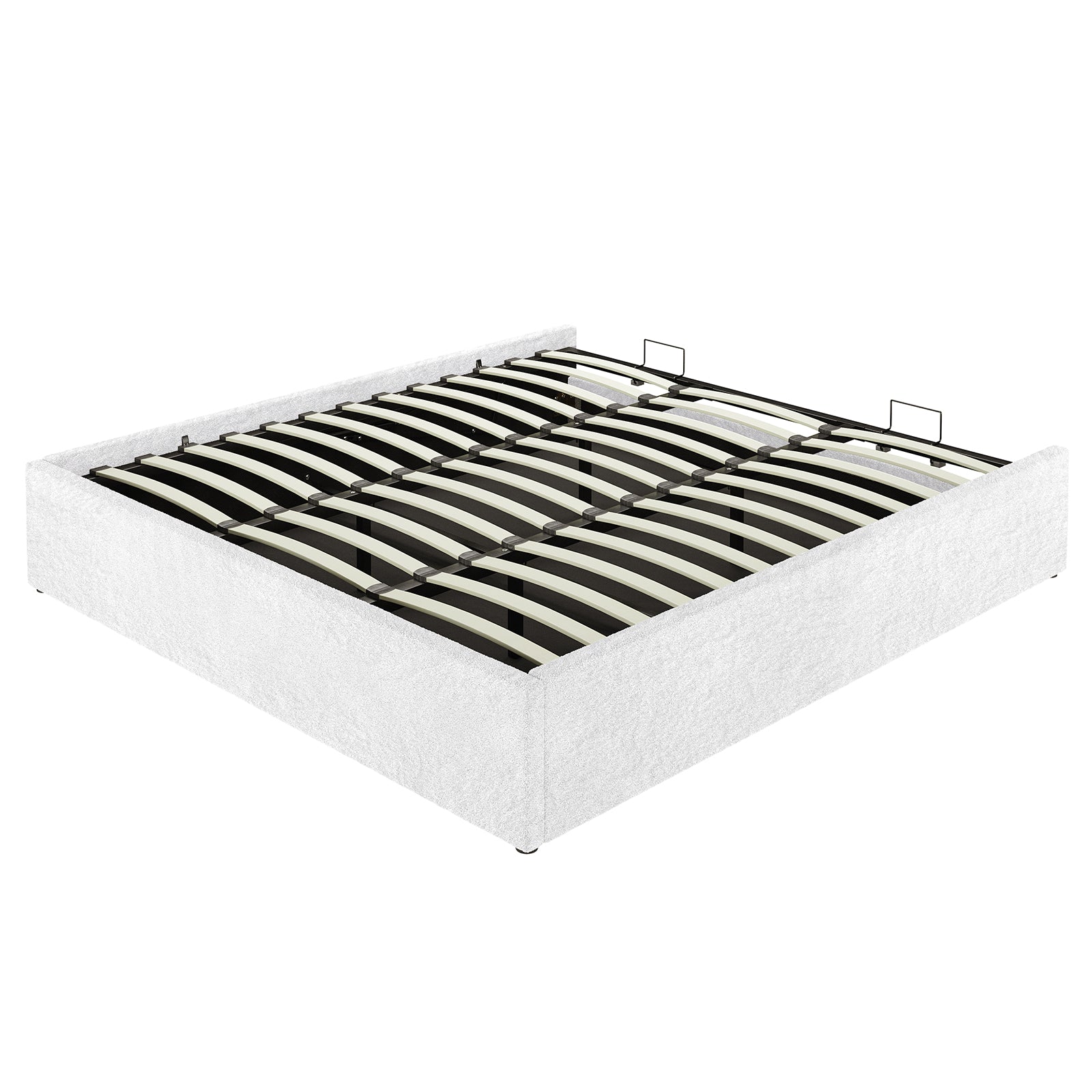 Aquila & Fabia Bed Package - Cream White King features a low-profile, upholstered platform bed frame with open slatted support, wrapped in textured white fabric, showcasing a sturdy black metal framework.