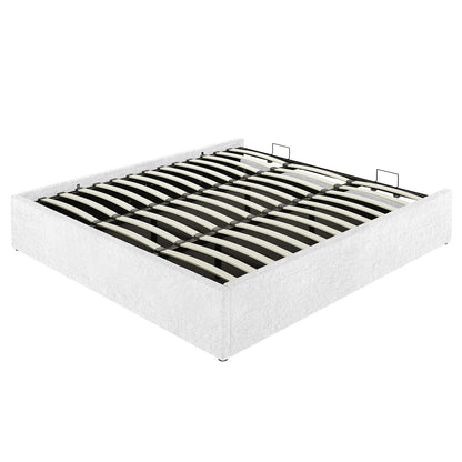 Aquila & Fabia Bed Package - Cream White King features a low-profile, upholstered platform bed frame with open slatted support, wrapped in textured white fabric, showcasing a sturdy black metal framework.