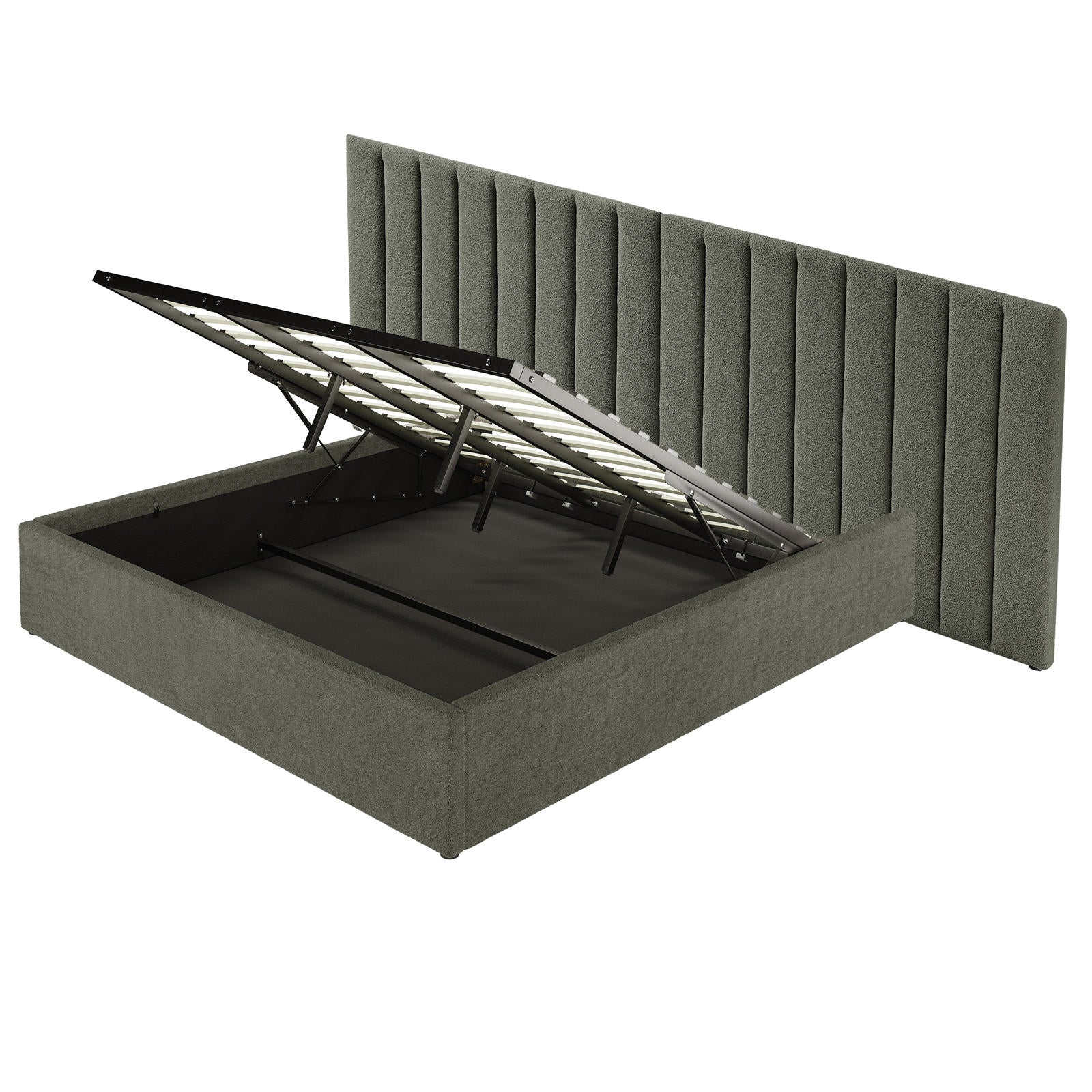 Aquila King Extra Wide Headboard & Fabia Gas-lift Storage Bed Base Set features a tall, channeled headboard and gas-lift mechanism revealing spacious under-bed storage, upholstered in muted gray-green fabric.