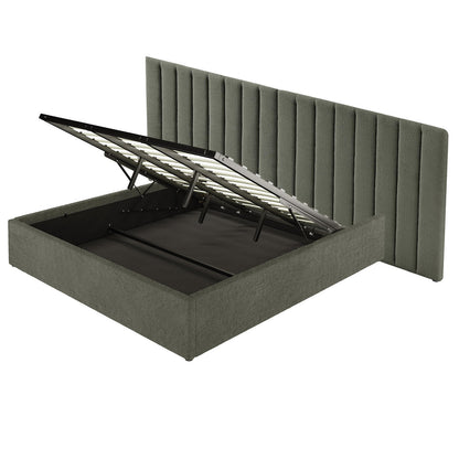 Aquila King Extra Wide Headboard & Fabia Gas-lift Storage Bed Base Set features a tall, channeled headboard and gas-lift mechanism revealing spacious under-bed storage, upholstered in muted gray-green fabric.