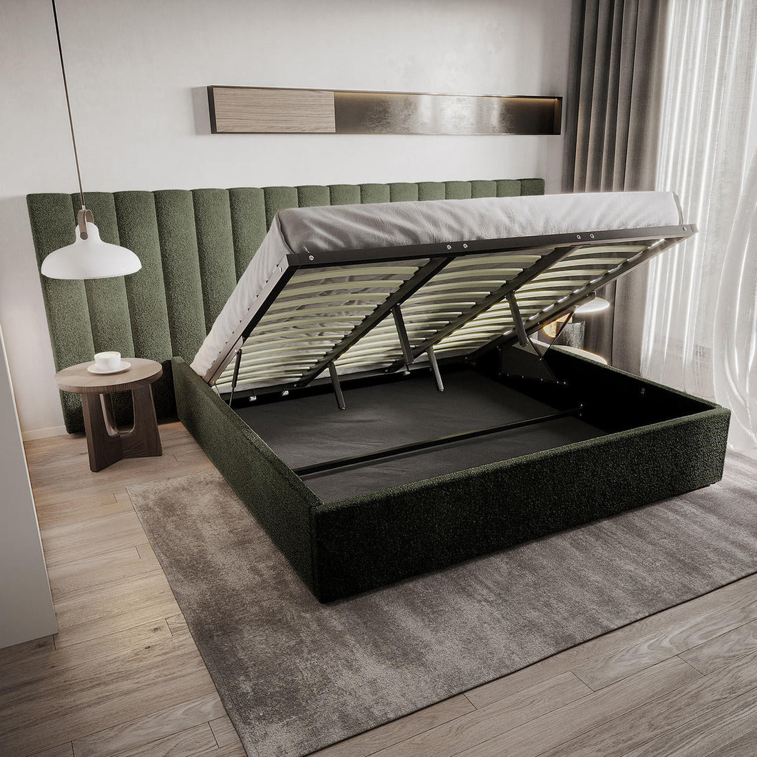 Aquila King Extra Wide Headboard & Fabia Gas-lift Storage Bed Base Set in Green, featuring a deep green boucle-upholstered headboard and bed frame with an open storage compartment, complementing minimalist decor.