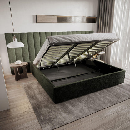 Aquila King Extra Wide Headboard & Fabia Gas-lift Storage Bed Base Set in Green, featuring a deep green boucle-upholstered headboard and bed frame with an open storage compartment, complementing minimalist decor.