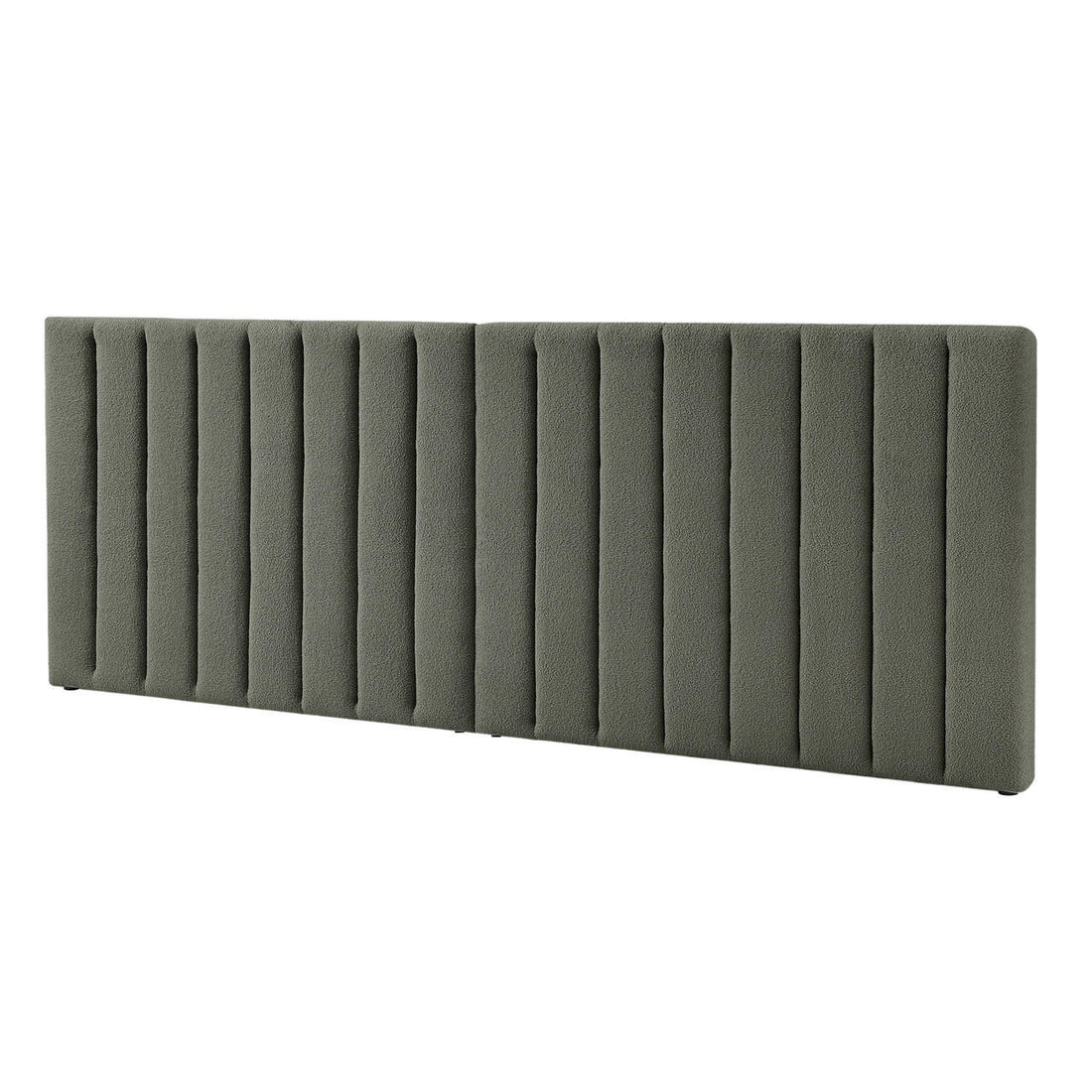 Aquila King Extra Wide Headboard & Fabia Gas-lift Storage Bed Base Set in Green features a long, olive-green, upholstered panel with vertical channel tufting, ideal as a sophisticated bedroom centerpiece.
