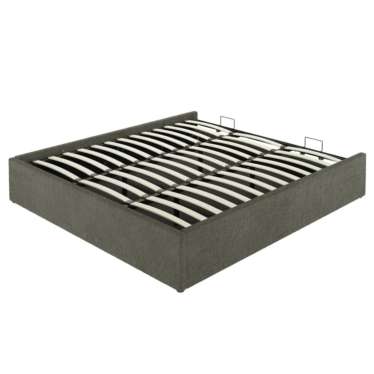 Aquila King Extra Wide Headboard & Fabia Gas-lift Storage Bed Base Set in Green, featuring a low-profile platform frame with dark gray fabric and spring-style wooden slats on a metal support.