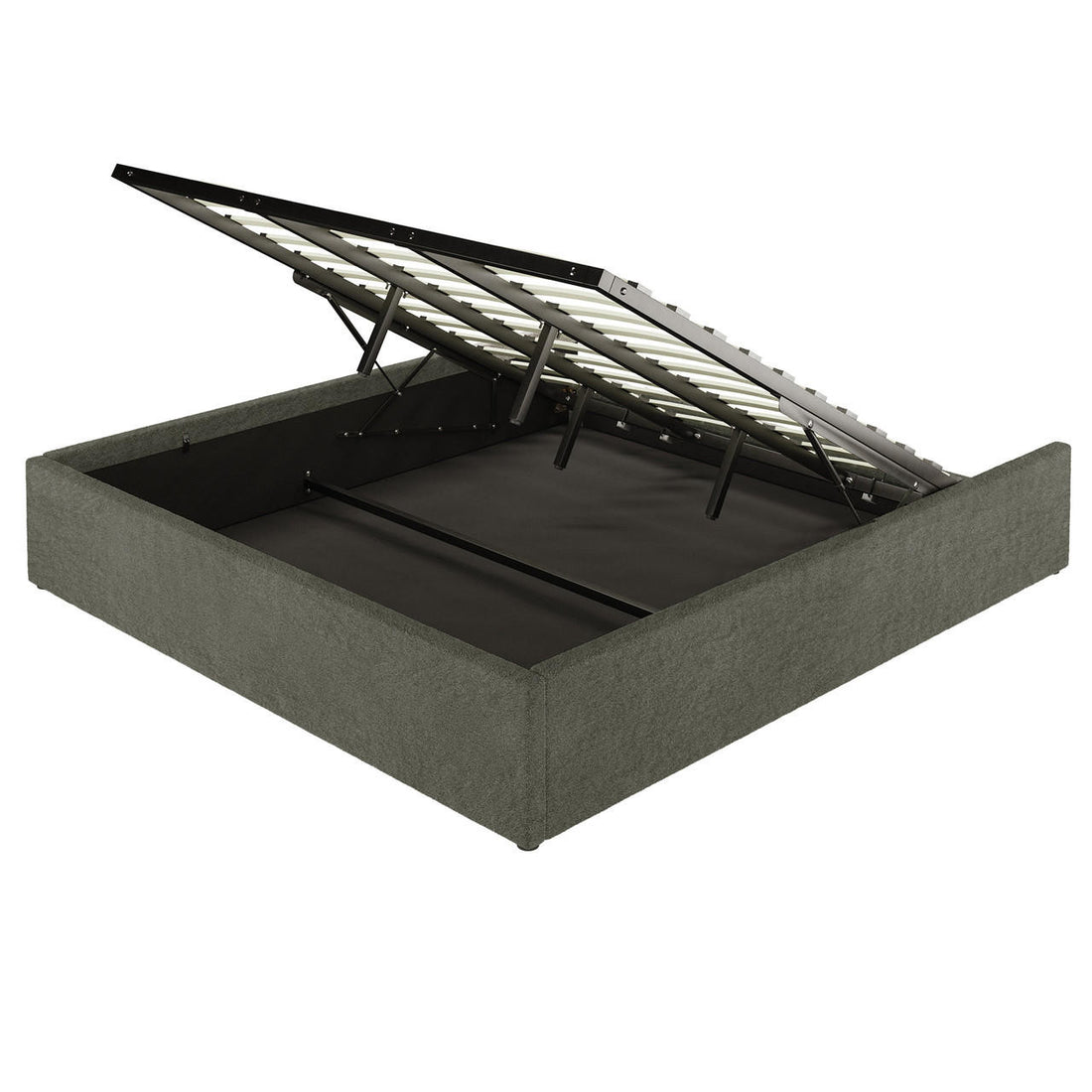 Aquila King Extra Wide Headboard & Fabia Gas-lift Storage Bed Base in Green; upholstered platform bed with hinged, gas-lift slatted base, revealing spacious under-bed storage, showcasing luxury and practicality.