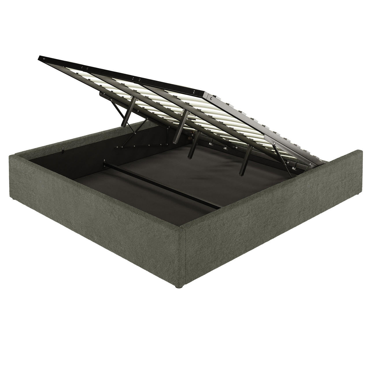 Aquila King Extra Wide Headboard & Fabia Gas-lift Storage Bed Base in Green; upholstered platform bed with hinged, gas-lift slatted base, revealing spacious under-bed storage, showcasing luxury and practicality.