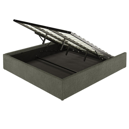 Aquila King Extra Wide Headboard & Fabia Gas-lift Storage Bed Base in Green; upholstered platform bed with hinged, gas-lift slatted base, revealing spacious under-bed storage, showcasing luxury and practicality.