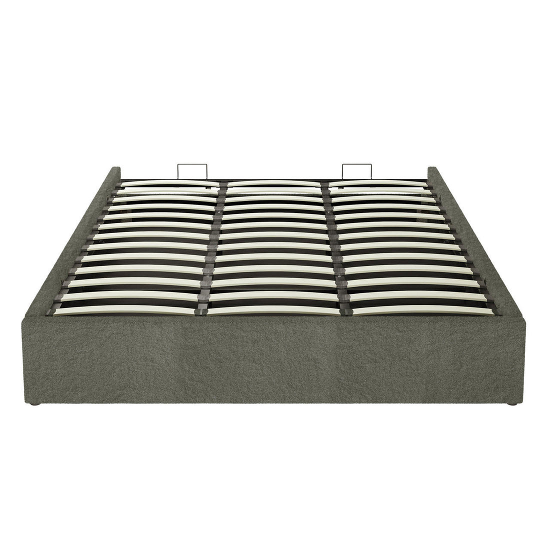 Aquila King Extra Wide Headboard & Fabia Gas-lift Storage Bed Base Set in Green features a low-profile upholstered base with sprung wooden slats and a central metal support for mattress placement.