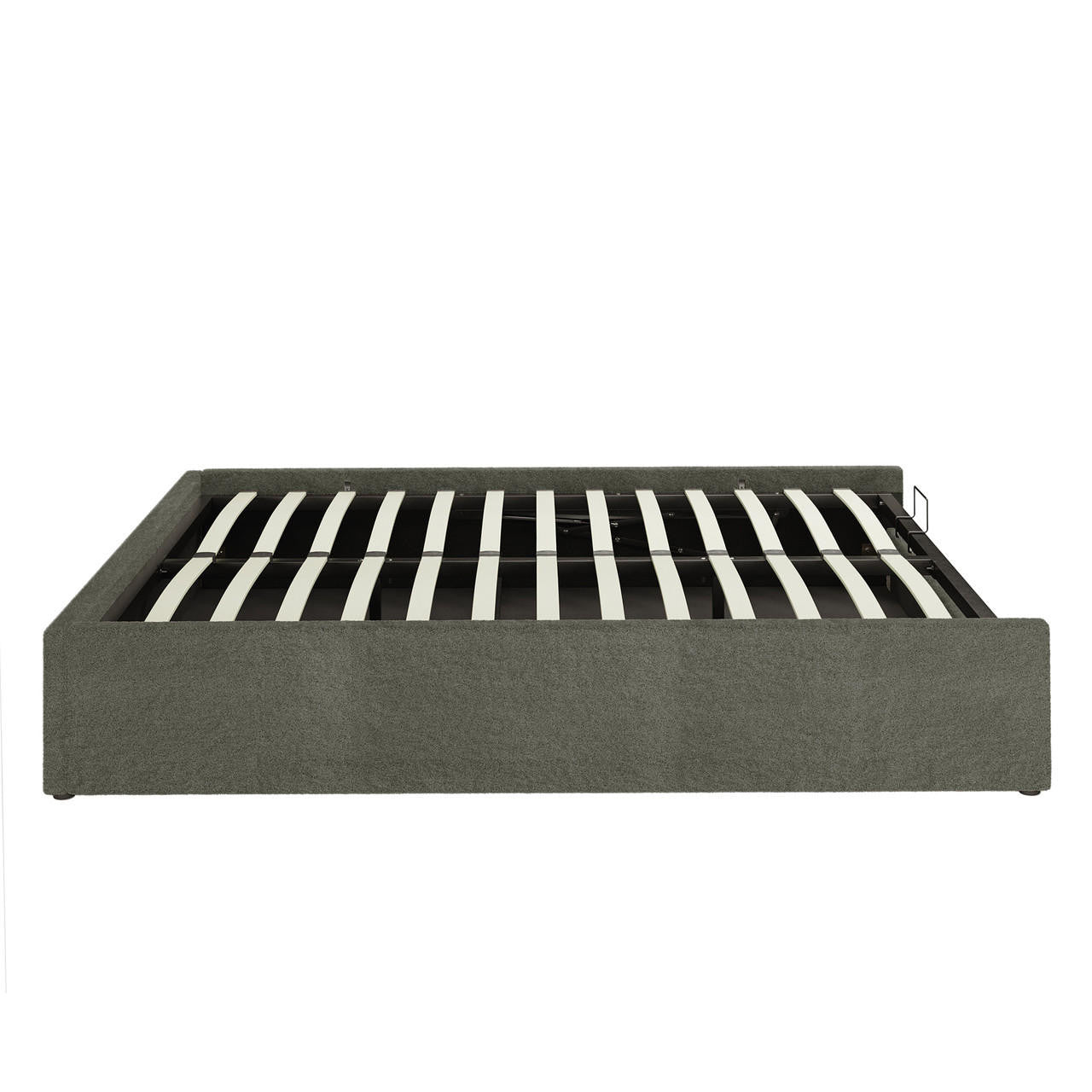 Aquila King Extra Wide Headboard & Fabia Gas-lift Storage Bed Base Set in Green features a low-profile grey-heather upholstered platform with clean-lined rails and slats, offering sleek aesthetics and hidden storage.