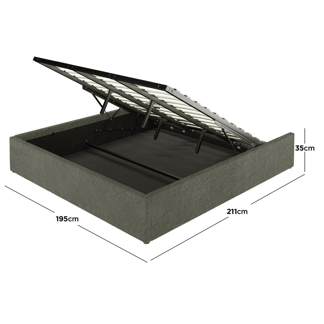 Aquila King Extra Wide Headboard & Fabia Gas-lift Storage Bed Base Set in Green, showcasing an extra-wide bouclé headboard and a gas-lift bed base with hidden storage, hinged wooden slats, and a sturdy frame.