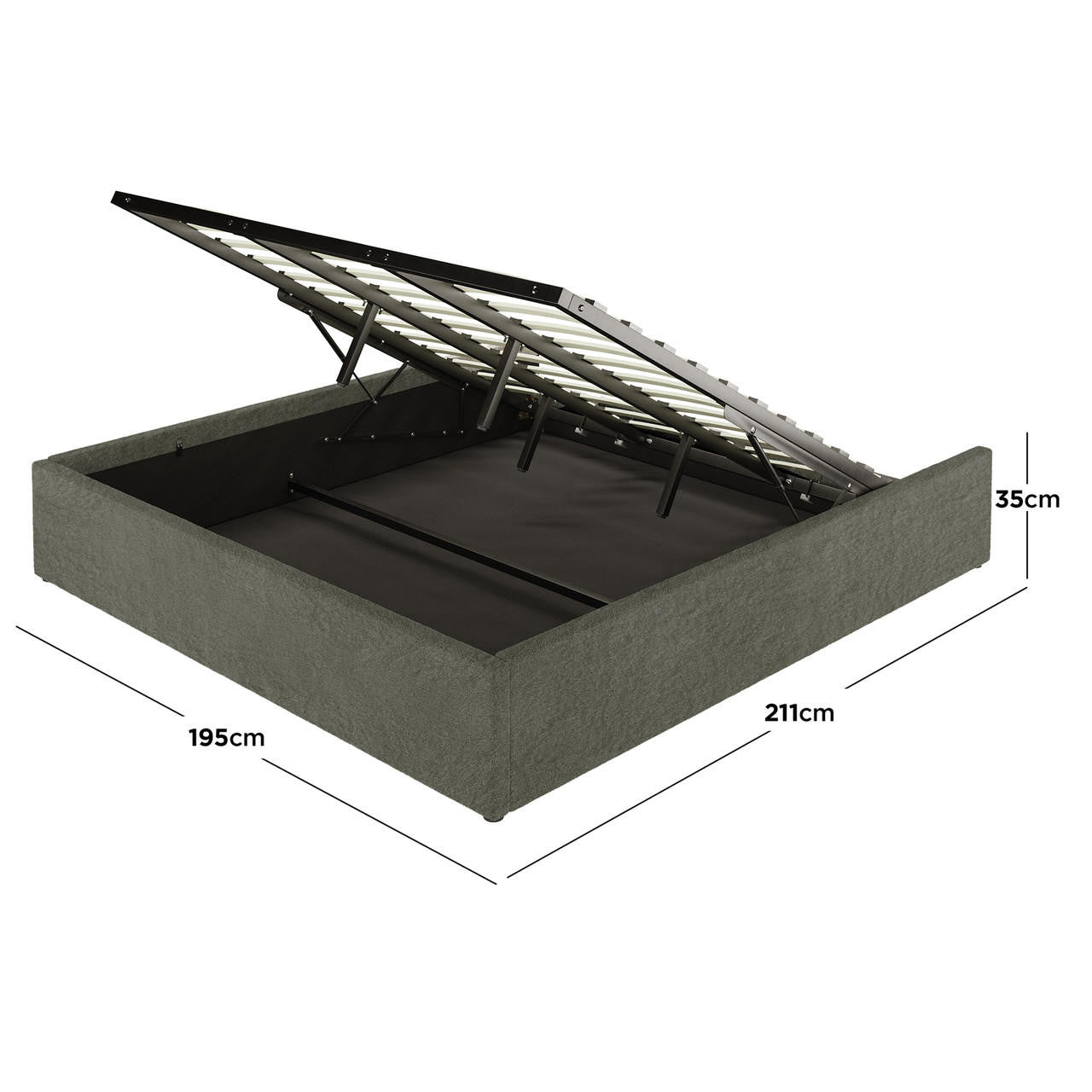 Aquila King Extra Wide Headboard & Fabia Gas-lift Storage Bed Base Set in Green, showcasing an extra-wide bouclé headboard and a gas-lift bed base with hidden storage, hinged wooden slats, and a sturdy frame.