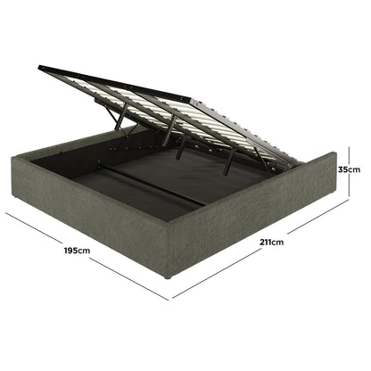 Aquila King Extra Wide Headboard & Fabia Gas-lift Storage Bed Base Set in Green, showcasing an extra-wide bouclé headboard and a gas-lift bed base with hidden storage, hinged wooden slats, and a sturdy frame.