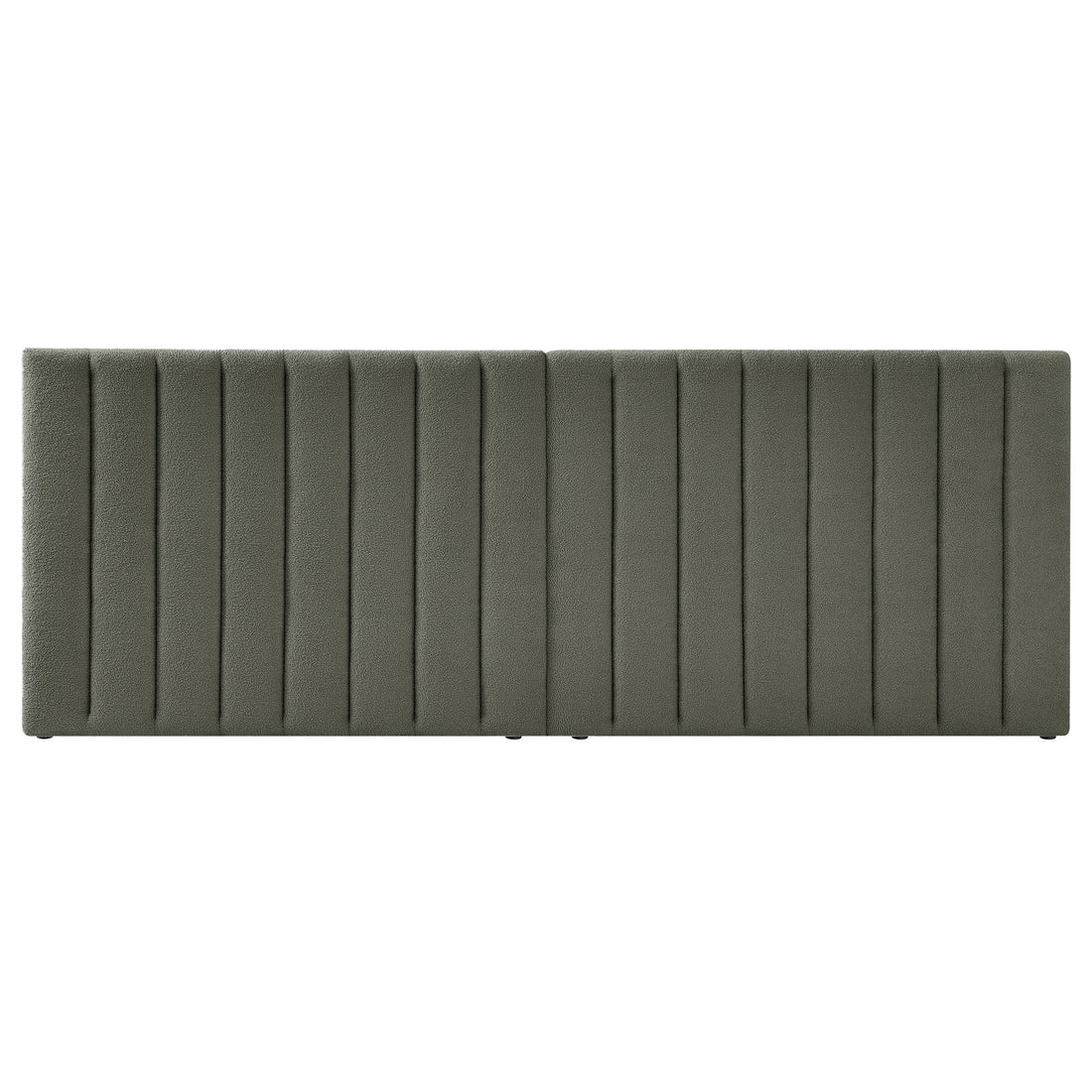 Aquila King Extra Wide Bouclé Headboard in Green, upholstered in muted olive-green boucle fabric with vertical stitched channels, designed for luxury and comfort as a plush, padded headboard.