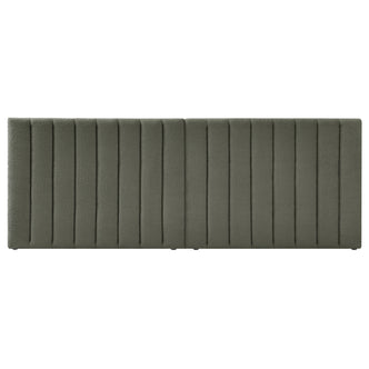 Aquila King Extra Wide Bouclé Headboard in Green, upholstered in muted olive-green boucle fabric with vertical stitched channels, designed for luxury and comfort as a plush, padded headboard.