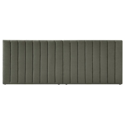Aquila King Extra Wide Bouclé Headboard in Green, upholstered in muted olive-green boucle fabric with vertical stitched channels, designed for luxury and comfort as a plush, padded headboard.