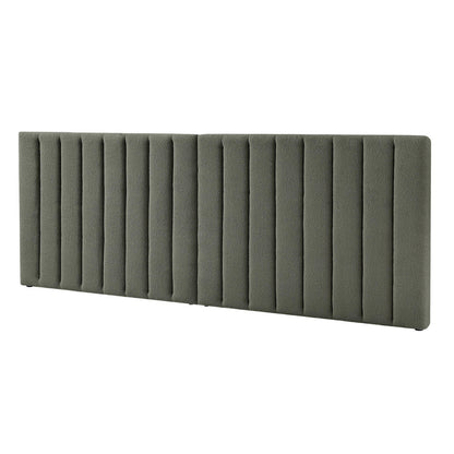 Aquila King Extra Wide Bouclé Headboard in Green, featuring vertical channel tufting on olive-toned boucle fabric, enhancing bedroom elegance with its extra-wide, upholstered design against a white background.