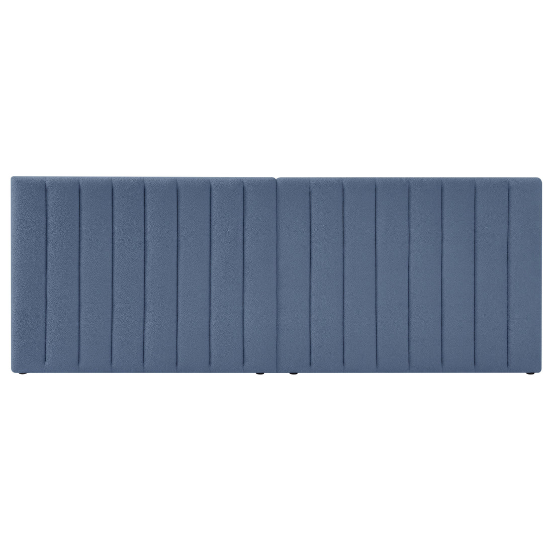 Aquila Extra Wide King Bouclé Headboard in Midnight Blue, featuring two segments with vertical channel tufting in muted blue fabric, offers a plush, freestanding design perfect for luxurious bedroom décor.