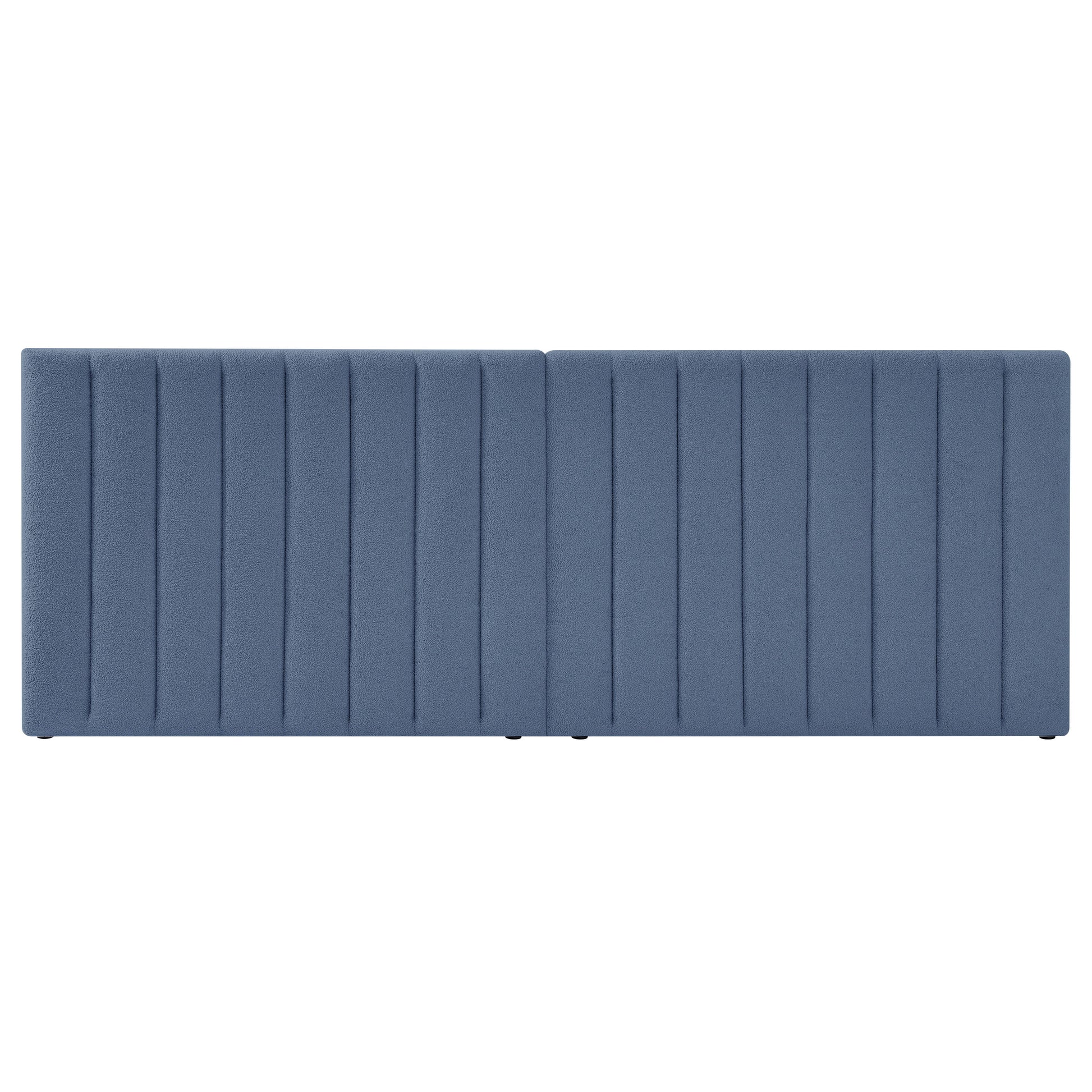Aquila Extra Wide King Bouclé Headboard in Midnight Blue, featuring two segments with vertical channel tufting in muted blue fabric, offers a plush, freestanding design perfect for luxurious bedroom décor.