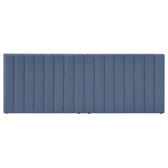 Aquila Extra Wide King Bouclé Headboard in Midnight Blue, featuring two segments with vertical channel tufting in muted blue fabric, offers a plush, freestanding design perfect for luxurious bedroom décor.