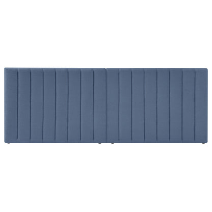 Aquila Extra Wide King Bouclé Headboard in Midnight Blue, featuring two segments with vertical channel tufting in muted blue fabric, offers a plush, freestanding design perfect for luxurious bedroom décor.