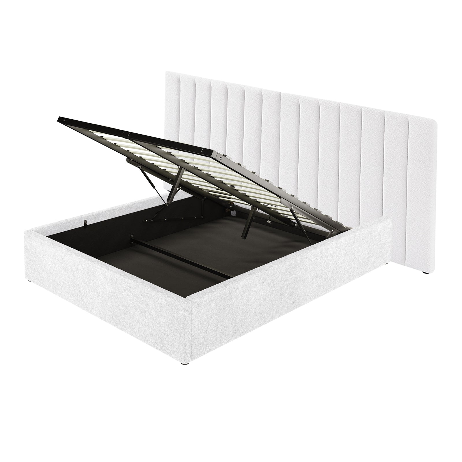 Aquila & Fabia Bed Package - Cream White Queen features a modern upholstered platform bed in white bouclé, showcasing a gas-lift slatted base open to reveal spacious under-bed storage and visible metal lifting mechanism.
