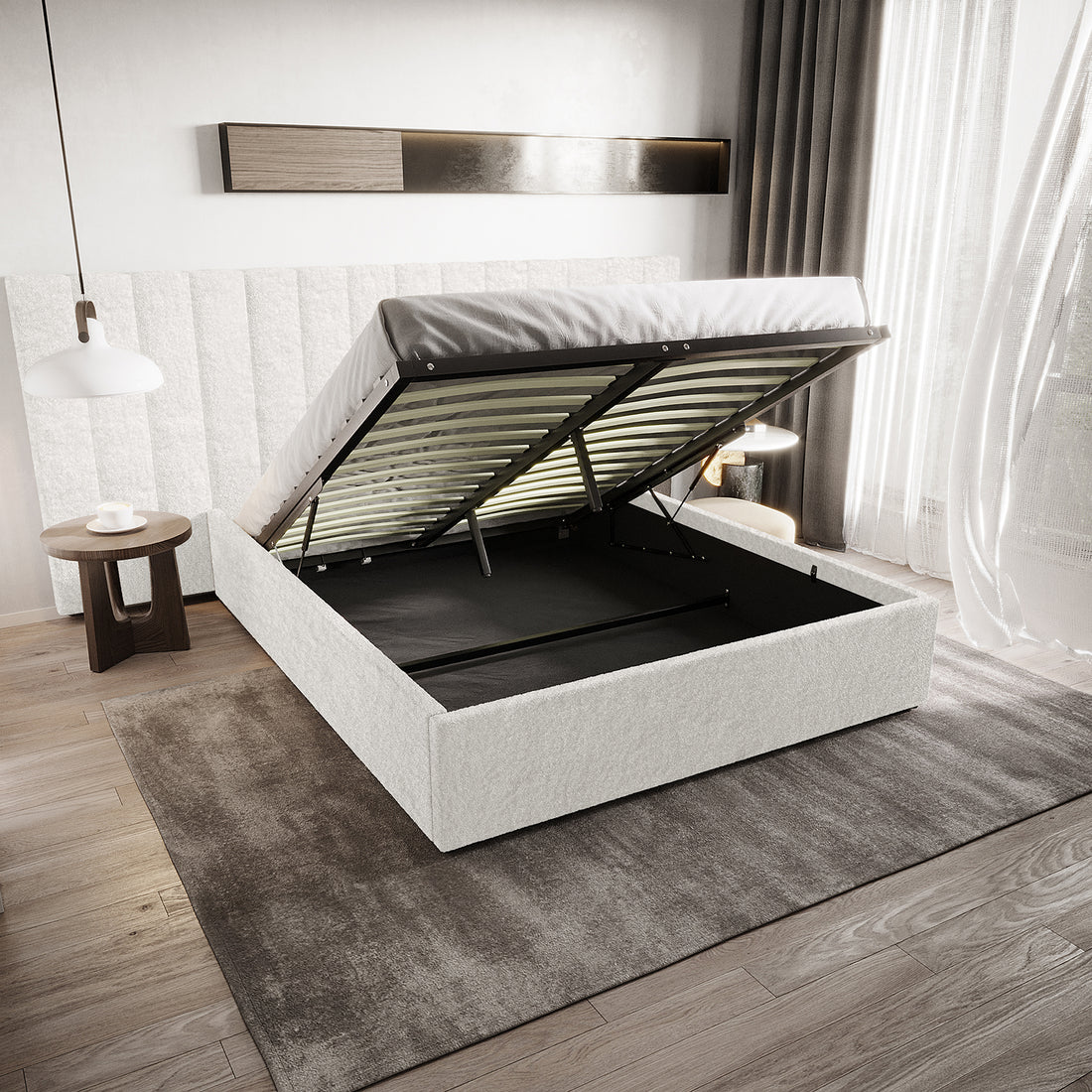 Aquila & Fabia Bed Package - Cream White Queen displayed with its mattress platform lifted, revealing spacious under-bed storage. The elegant upholstery and hydraulic hinges highlight its luxurious, functional design.