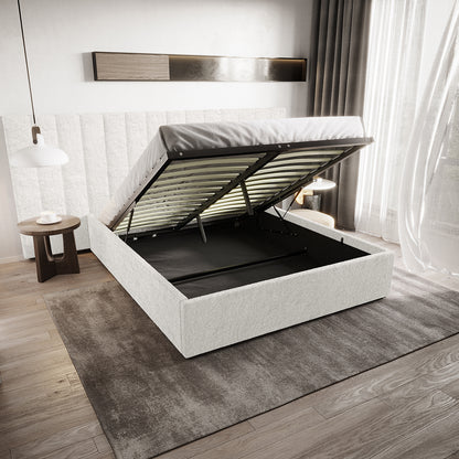 Aquila & Fabia Bed Package - Cream White Queen displayed with its mattress platform lifted, revealing spacious under-bed storage. The elegant upholstery and hydraulic hinges highlight its luxurious, functional design.