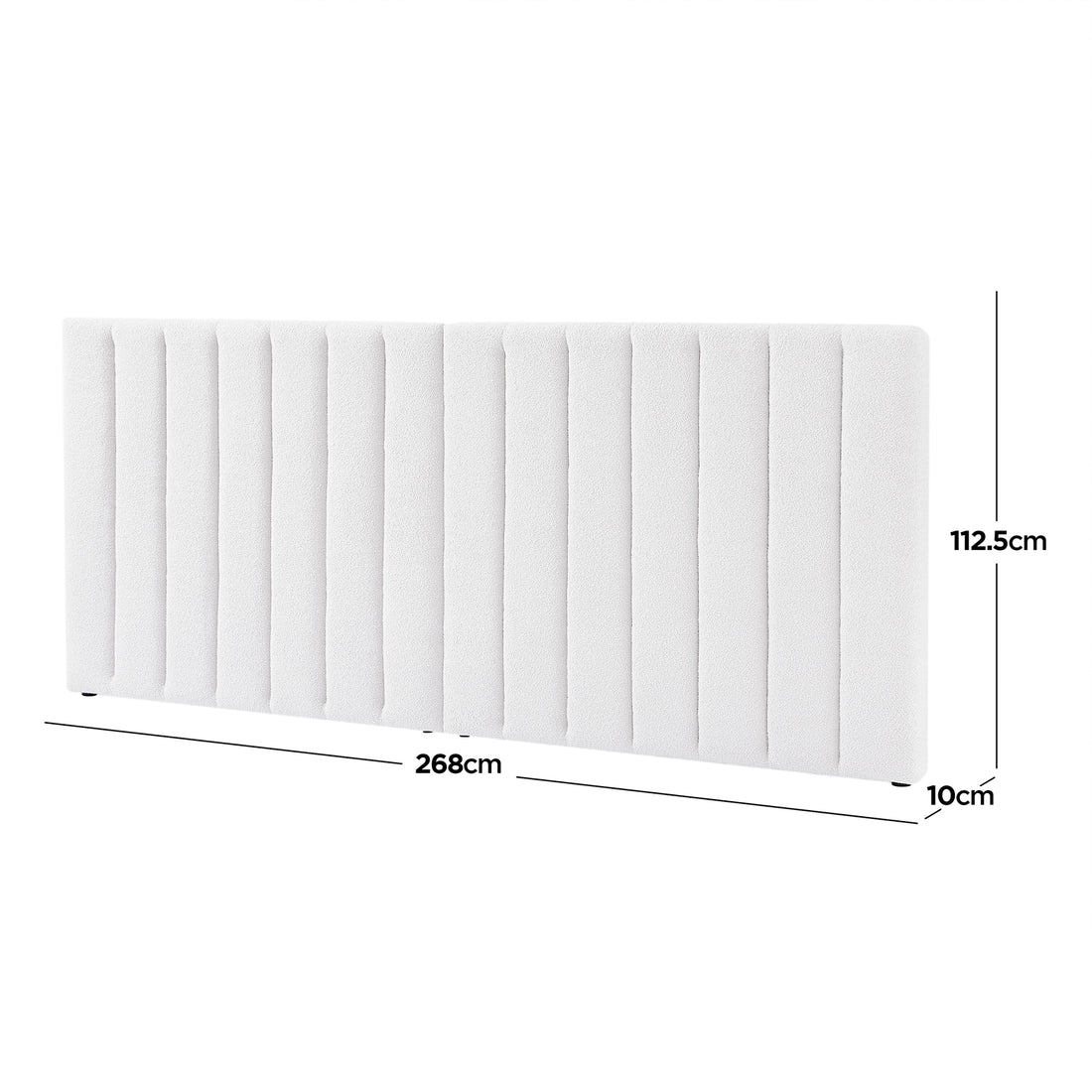Aquila & Fabia Bed Package - Cream White Queen: Freestanding headboard in soft cream fabric with vertical tufting, dimensions 268cm wide, 112.5cm high, 10cm thick, complementing a luxurious storage bed base.