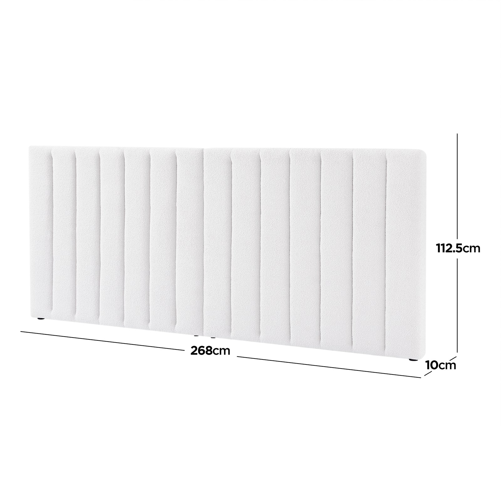 Aquila & Fabia Bed Package - Cream White Queen: Freestanding headboard in soft cream fabric with vertical tufting, dimensions 268cm wide, 112.5cm high, 10cm thick, complementing a luxurious storage bed base.
