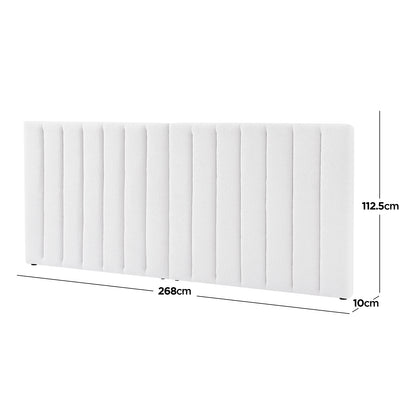 Aquila & Fabia Bed Package - Cream White Queen: Freestanding headboard in soft cream fabric with vertical tufting, dimensions 268cm wide, 112.5cm high, 10cm thick, complementing a luxurious storage bed base.