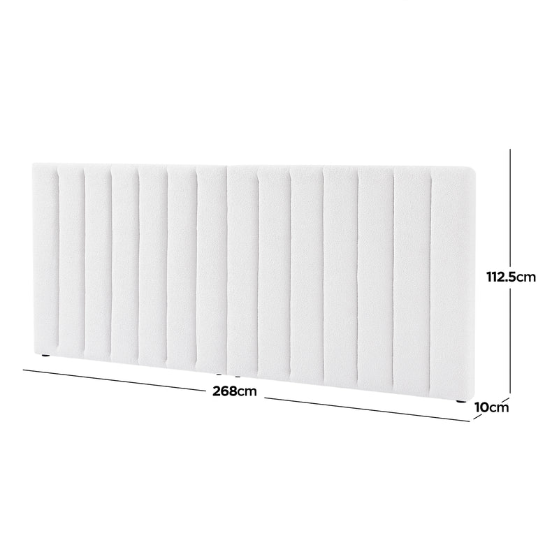 Aquila & Fabia Bed Package - Cream White Queen: Freestanding headboard in soft cream fabric with vertical tufting, dimensions 268cm wide, 112.5cm high, 10cm thick, complementing a luxurious storage bed base.