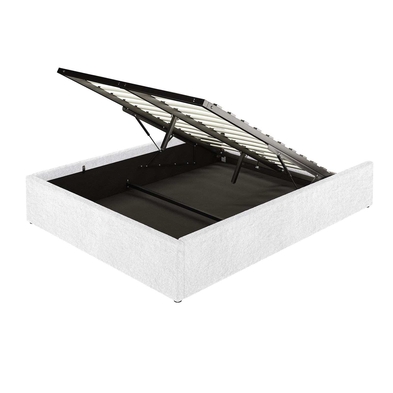 Aquila & Fabia Bed Package - Cream White Queen; upholstered platform bed frame with hinged, open slatted support revealing storage compartment. Extra wide headboard with luxurious texture complements the design.