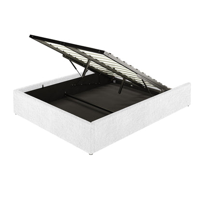 Aquila & Fabia Bed Package - Cream White Queen; upholstered platform bed frame with hinged, open slatted support revealing storage compartment. Extra wide headboard with luxurious texture complements the design.