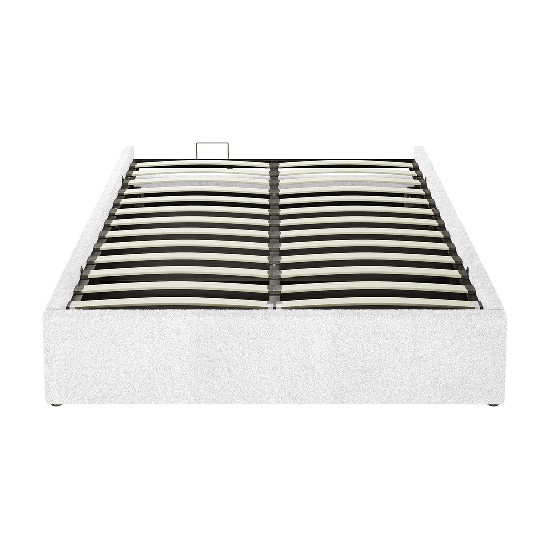 Aquila & Fabia Bed Package - Cream White Queen features a platform bed base with curved wooden slats on a central metal beam, ideal for supporting a mattress without a box spring.