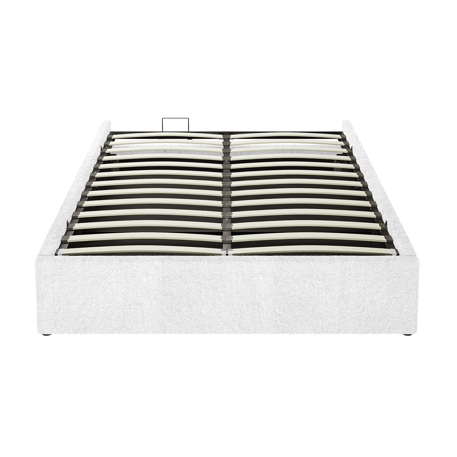 Aquila & Fabia Bed Package - Cream White Queen features a platform bed base with curved wooden slats on a central metal beam, ideal for supporting a mattress without a box spring.