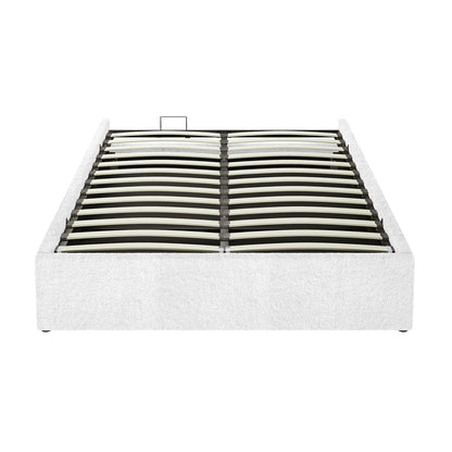 Aquila & Fabia Bed Package - Cream White Queen features a platform bed base with curved wooden slats on a central metal beam, ideal for supporting a mattress without a box spring.