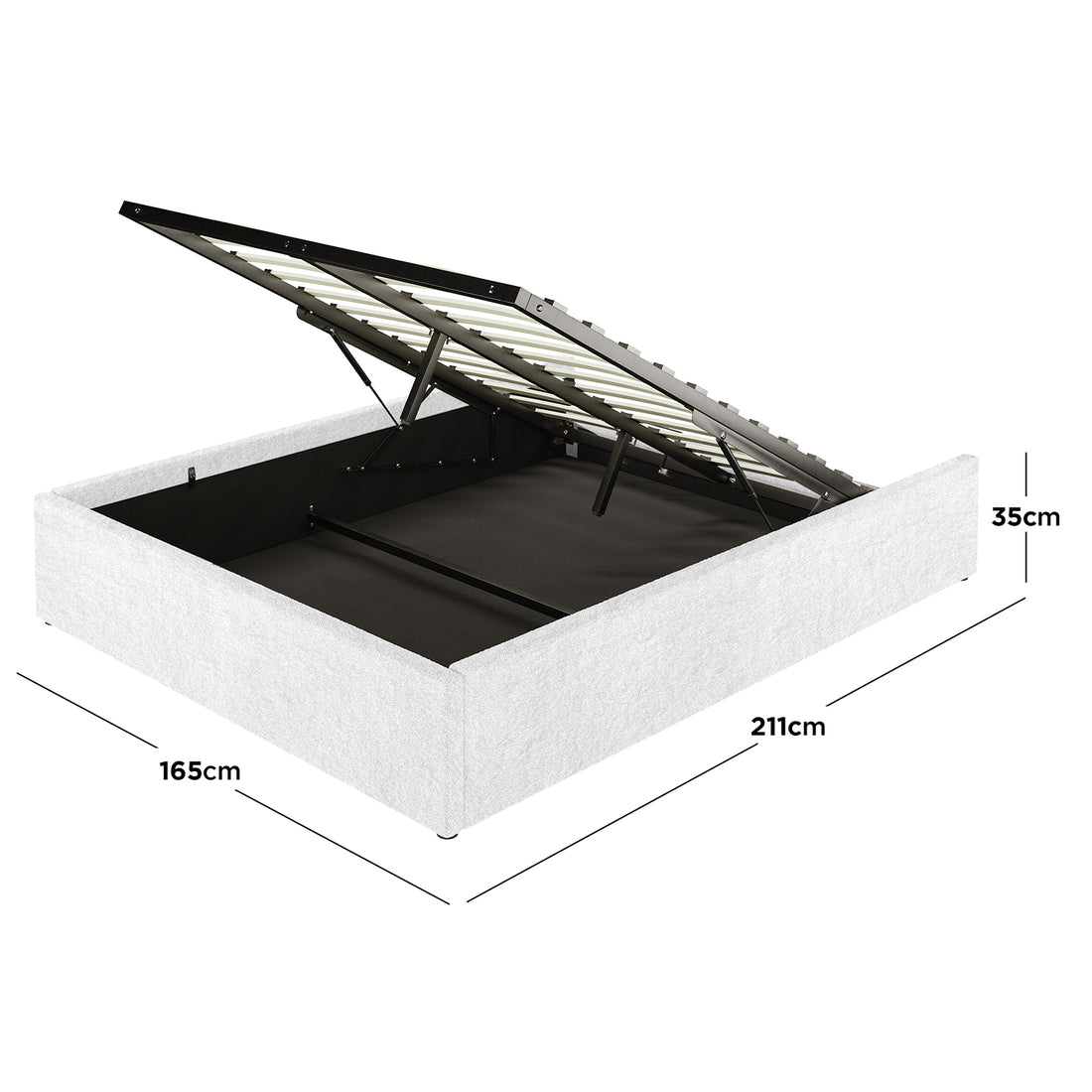 Aquila & Fabia Bed Package - Cream White Queen features a fabric-upholstered ottoman bed frame with a hinged, gas-lift slatted base, revealing ample under-bed storage.