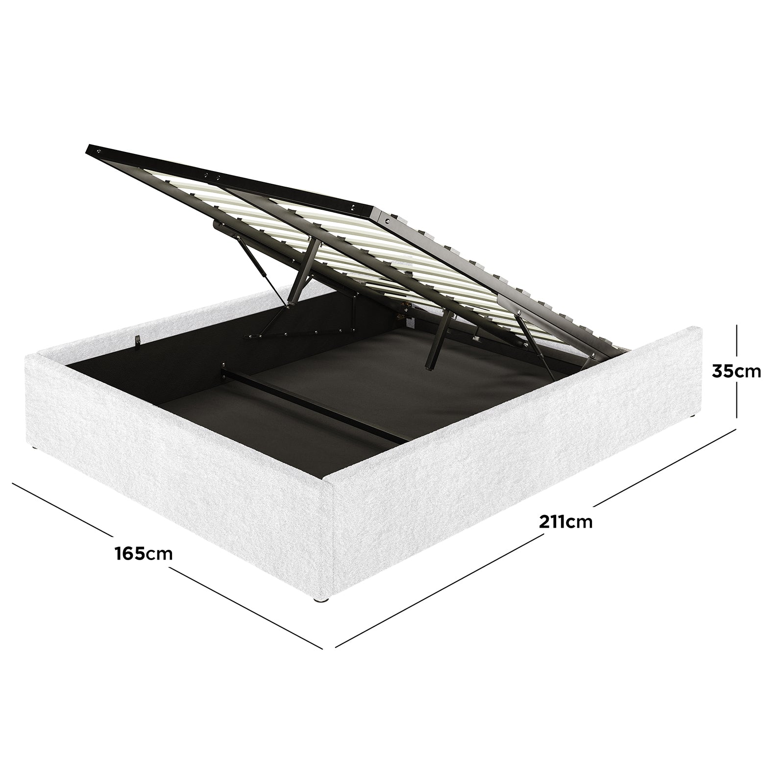 Aquila & Fabia Bed Package - Cream White Queen features a fabric-upholstered ottoman bed frame with a hinged, gas-lift slatted base, revealing ample under-bed storage.