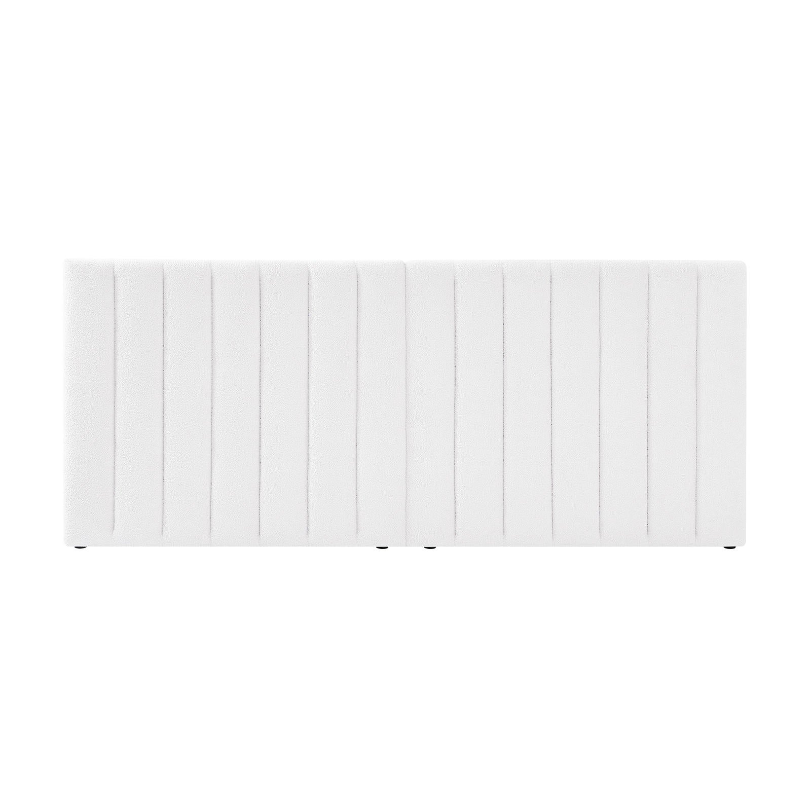 Aquila Queen Extra Wide Bouclé Headboard in Cream White, showcasing a rectangular design with vertical channel seams, wrapped in plush bouclé fabric for a sophisticated bedroom focal point.
