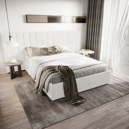 Aquila Queen Extra Wide Bouclé Headboard in Cream White, featuring a tall, paneled design, is the bedroom's focal point. It complements the modern decor, enhancing the room's elegance and comfort.