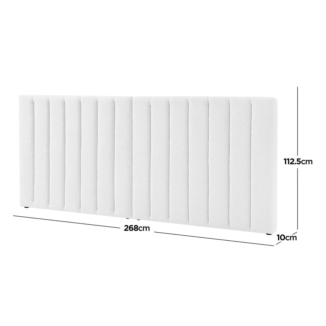 Aquila Queen Bouclé Extra Wide Upholstered Headboard in Cream White, featuring vertical channel stitching, measures 268 cm wide, 112.5 cm tall, 10 cm thick, offering plush elegance and comfort.