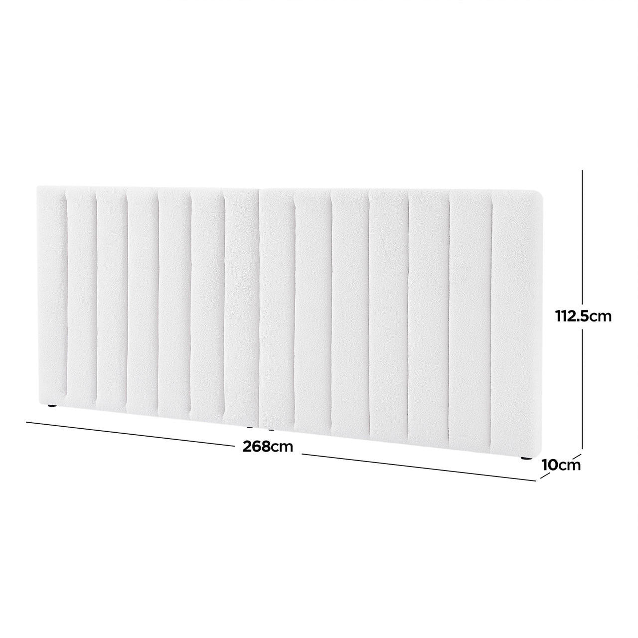 Aquila Queen Bouclé Extra Wide Upholstered Headboard in Cream White, featuring vertical channel stitching, measures 268 cm wide, 112.5 cm tall, 10 cm thick, offering plush elegance and comfort.