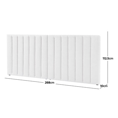 Aquila Queen Bouclé Extra Wide Upholstered Headboard in Cream White, featuring vertical channel stitching, measures 268 cm wide, 112.5 cm tall, 10 cm thick, offering plush elegance and comfort.