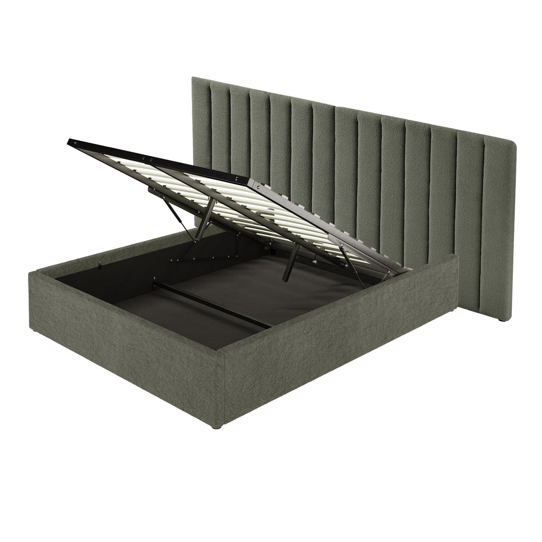 Aquila Queen Boucle Headboard & Fabia Storage Bed Base Set in Green, featuring a tall, vertically-channeled headboard and a gas-lift storage base with a muted green-gray textured fabric.